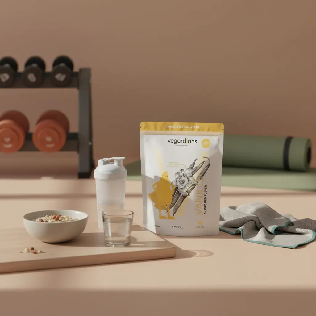 Minimalistische Fitnessraum-Szene mit geordneter Hantelwand, Holztisch, Workout-Shaker und Haferflocken – geeignet für einen Artikel zum Fitnessstudio für Männer.