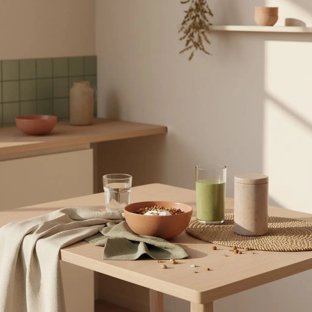 Nachhaltiges Frühstück mit Granola, pflanzlichem Joghurt, Nüssen und Shake auf minimalem Tisch in sanftem Morgenlicht — Szene für Fitnessziele