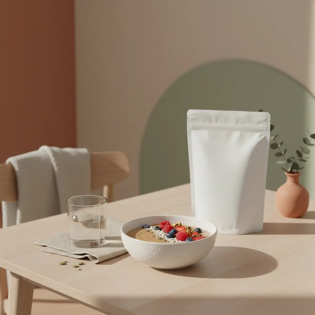 Sanfte Morgenaufnahme: nachhaltiger Holztisch mit Glas Wasser, proteinreicher Smoothie-Bowl, Leinenserviette und Produkt; flacher bauch in 1 woche