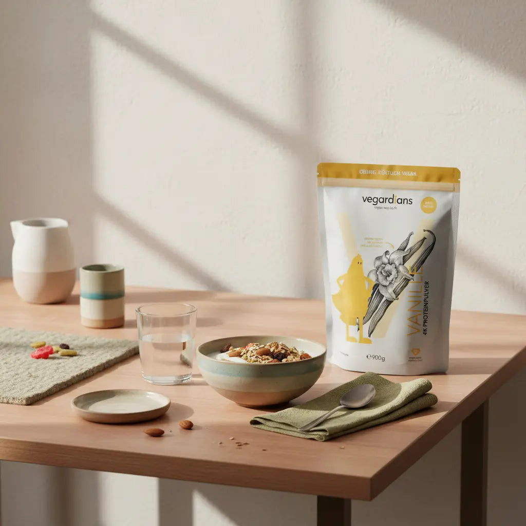 Sanfte Morgenszene mit Müsli, pflanzlichem Joghurt, Glas Wasser und einem Glas Flohsamenschalen-Pulver auf nachhaltigem Holztisch – Hinweis zur flohsamenschalen dosierung