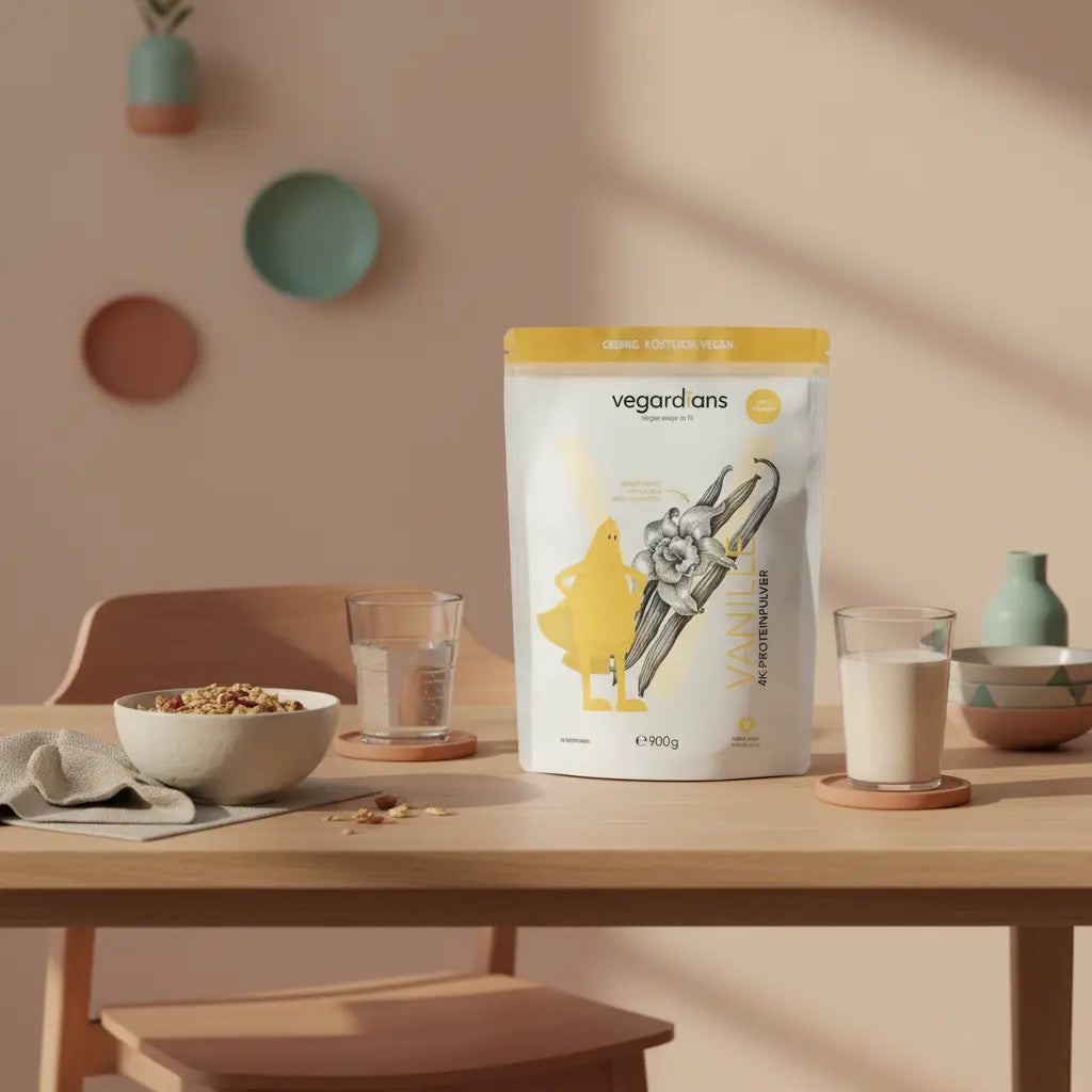 Minimalistische Küchenszene mit Shake, Müsli und Wasser auf nachhaltigem Holztisch im Morgenlicht, Vegardians-Ästhetik – foodspring shakes abnehmen