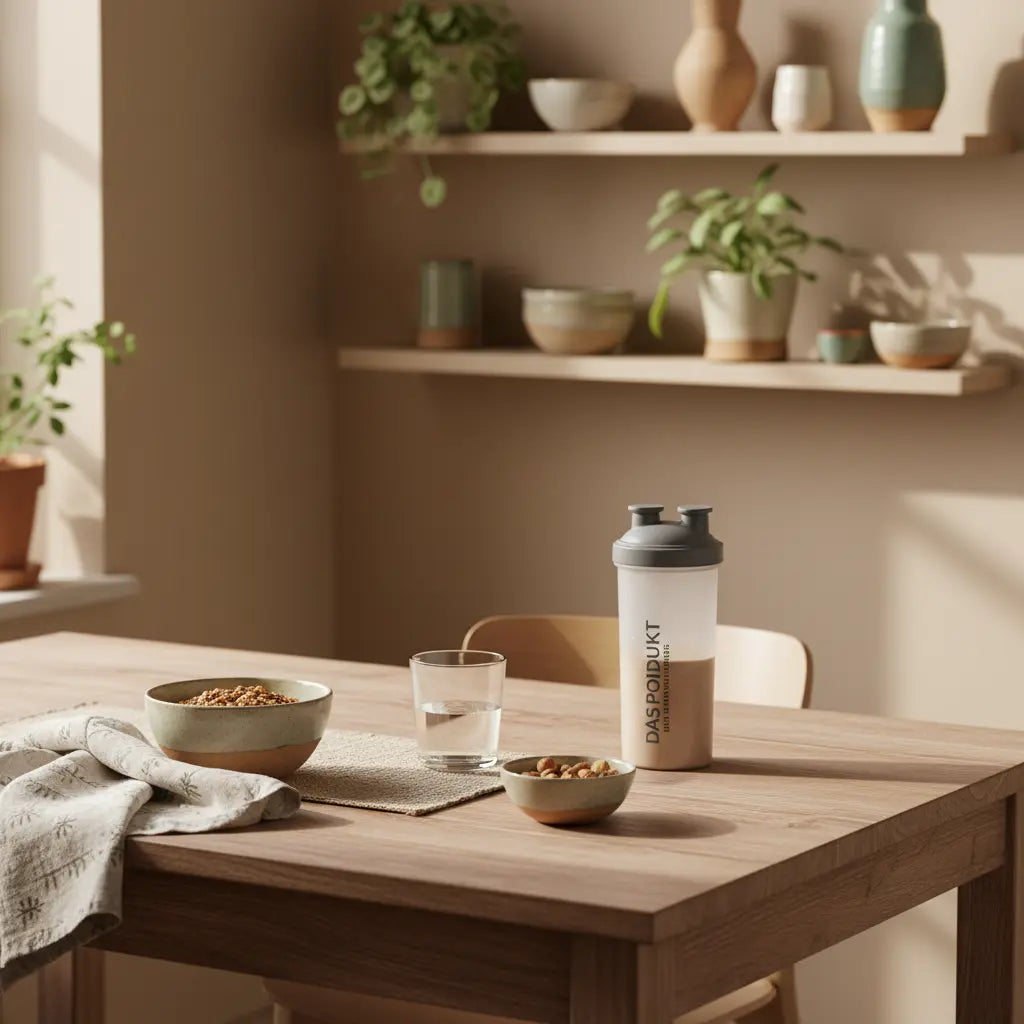 Europäische Küchenaufnahme im Morgenlicht: nachhaltiger Holztisch mit Glas Wasser, Müsli in Keramikschale, Nüssen und portioniertem Shake. Formula-Diät