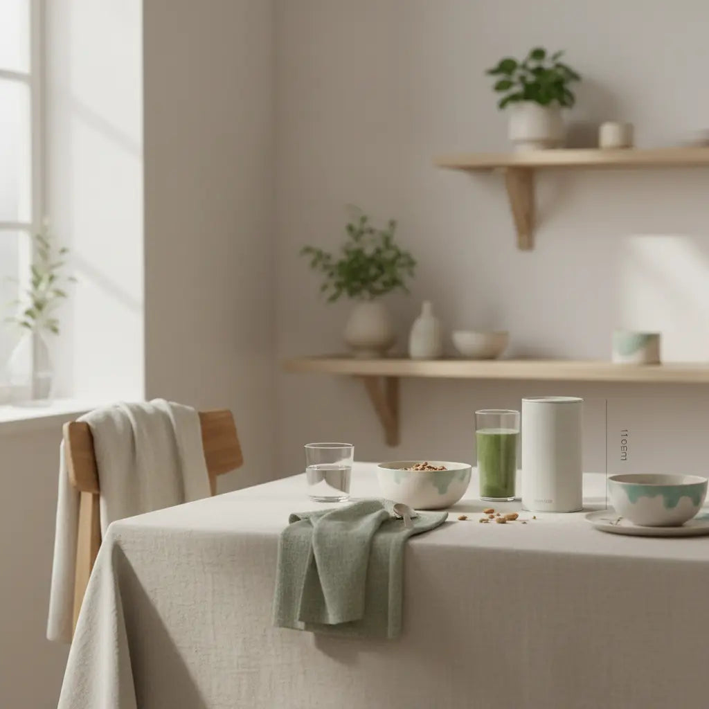 Frau zum Sport motivieren: Morgendliche, nachhaltige Frühstücksszene in europäischer Küche mit Granola, pflanzlichem Joghurt, Nüssen und Shake in beruhigender Salbei‑Beige Farbwelt.