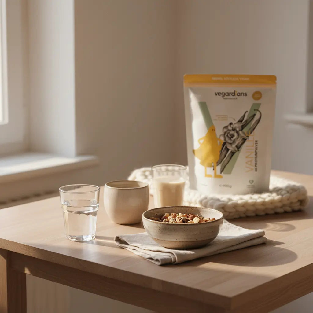 Minimalistische Morgenküche: Holztisch mit Glas Wasser, Schale Müsli, Nüssen und veganem Proteinshake in Keramik, ruhige Palette, Freeletics Krafttraining