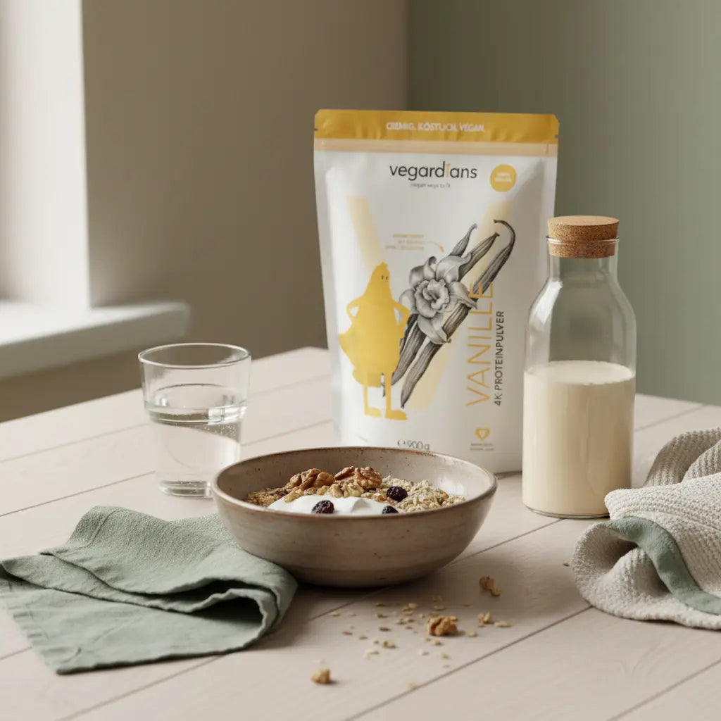 Minimalistische Frühstücksszene in europäischer Küche mit Müsli, Nüssen, Wasser und Vanille-Proteinshake auf Holztisch im Morgenlicht — freeletics trainingshäufigkeit