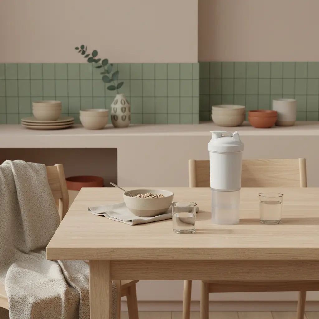 Veganes Frühstück mit Müsli, Glas Wasser und Shaker auf nachhaltigem Holztisch im sanften Morgenlicht; ruhige, nährende Szene zur Unterstützung bei Bauchfett.