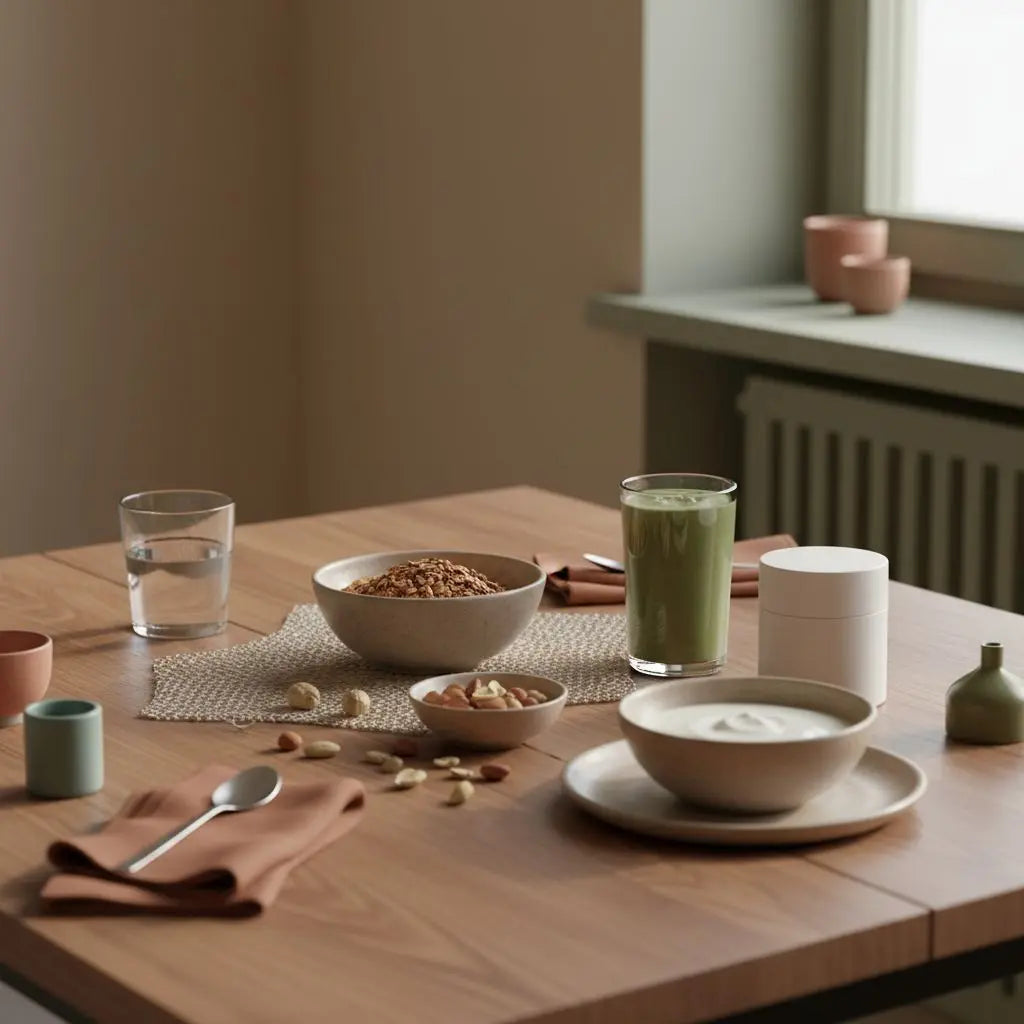 Veganes Frühstück mit Granola, Pflanzenjoghurt, Nüssen und Shake auf nachhaltigem Tisch in heller europäischer Küche bei Morgenlicht — nährendes Setting für Fitnessziele.