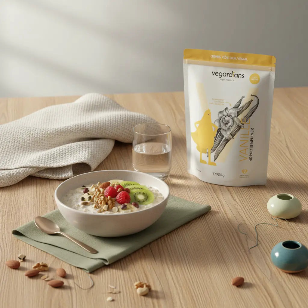 Minimalistisches Frühstück mit Haferbrei, Nüssen, Obst, Glas Wasser und Vegardians-Produkt auf Holztisch in Beigetönen und Salbeiakzenten – nicht abnimmt