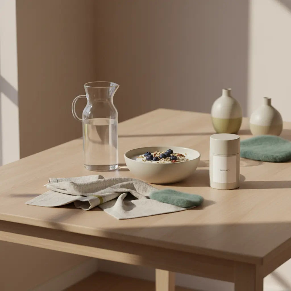 Minimalistisches Frühstück zum Abnehmen auf nachhaltigem Holztisch: pflanzliches Müsli mit Joghurt, Nüssen, Beeren, klares Wasserglas und das Produkt aus den Referenzfotos.