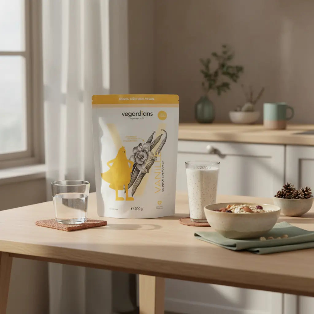 Minimalistisches Frühstück auf Holztisch mit Glas Wasser, Müslischale, Nüssen und Protein‑Shake neben dem Produkt aus den Referenzfotos – Ganzkörper-Trainingsplan