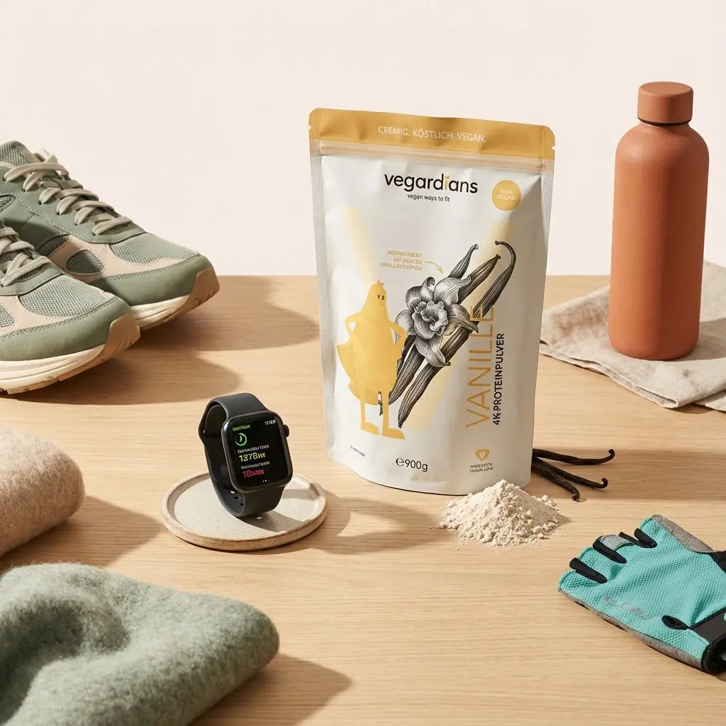 Nahaufnahme einer Apple Watch mit geöffneter Workout‑Zusammenfassung auf hellem Holztisch, minimalistisches Trainings‑Equipment daneben, natürliche Morgenbeleuchtung, gemischtes Cardio-Training Apple Watch