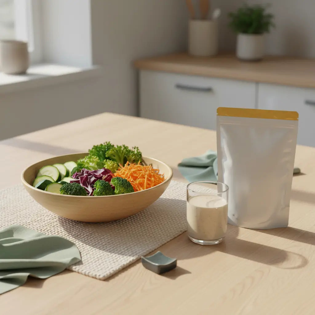 Schüssel mit frischem Gemüse zum Abnehmen (Zucchini, Brokkoli, Salat, geraspelte Karotten) auf Holztisch im warmen Morgenlicht, kleines Glas pflanzlicher Shake, salbeigrüne Textilien.