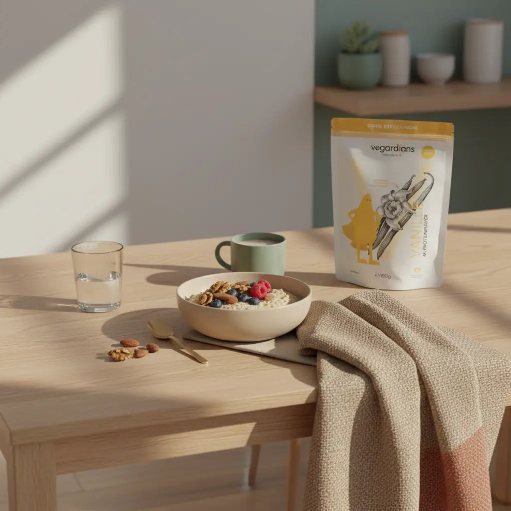 Minimalistisches Morgenfrühstück mit Haferbrei, Nüssen, Beeren, klarem Wasserglas und Keramik‑Shake auf nachhaltigem Holztisch – Szene zum gesund abnehmen