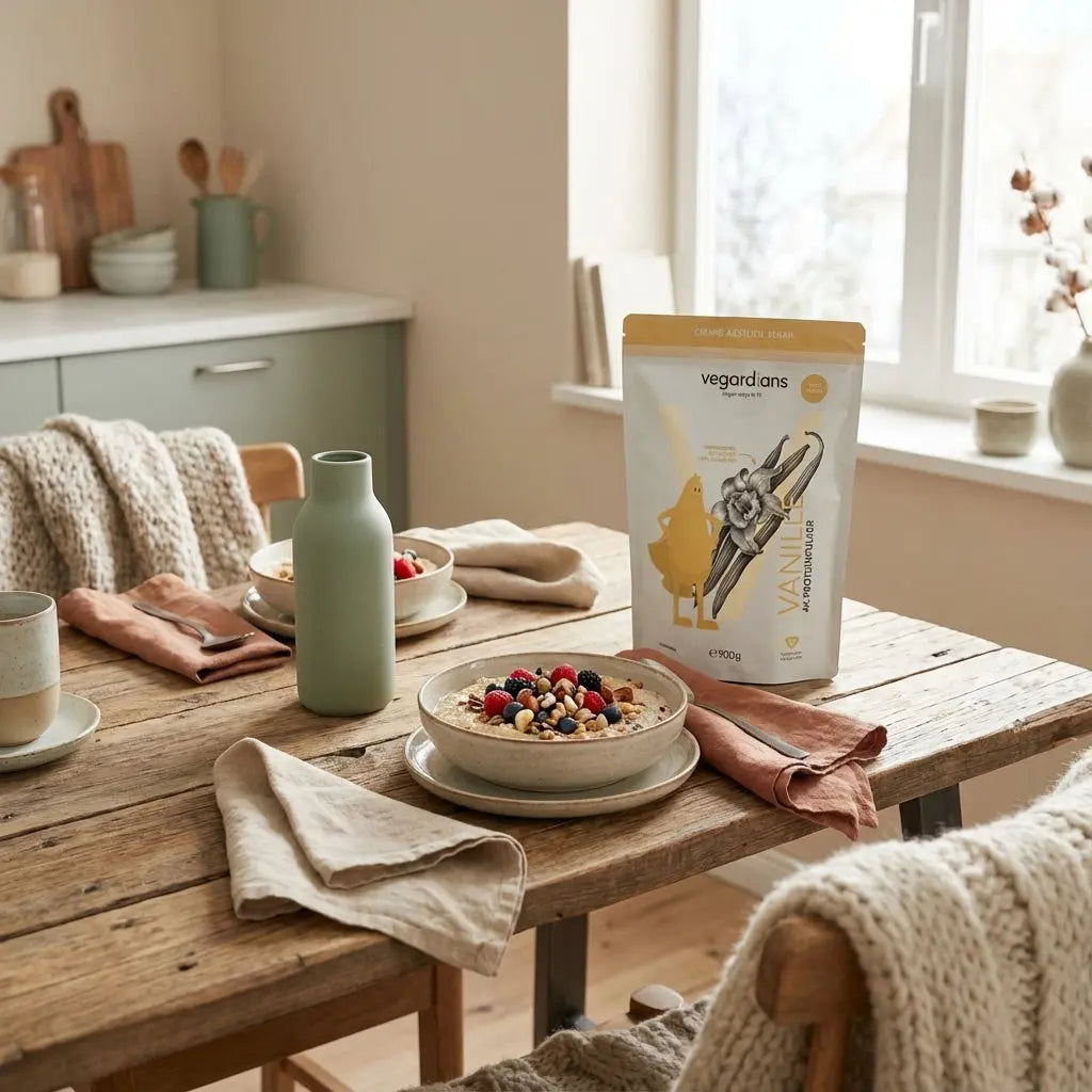 Veganer Frühstückstisch mit Haferbrei, Beeren, Nüssen und Proteinshake auf nachhaltigem Holztisch im sanften Morgenlicht – bewusst und nährend, gesund abnehmen