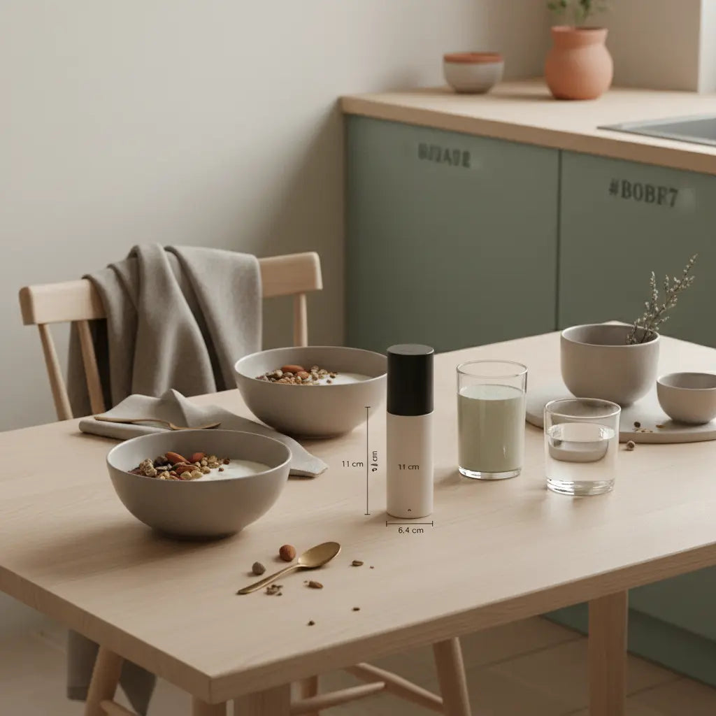 Minimalistisches Vegardians-Frühstück mit Granola, pflanzlichem Joghurt, Nüssen und Shake auf Tisch in Markenfarben – gesund und munter ins neue Jahr