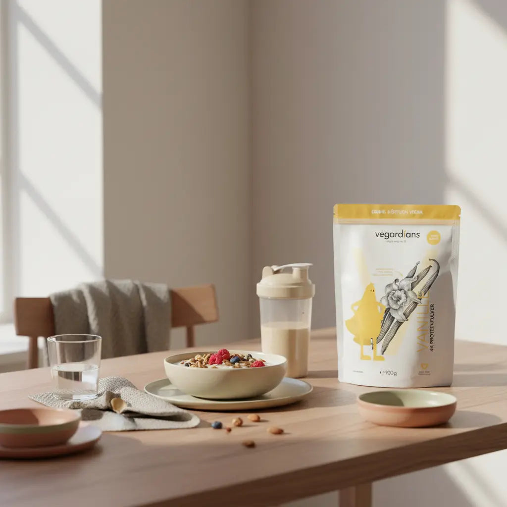 Minimalistische Morgenszene mit Holztisch, Glass Wasser, Bowl, Shake und dem Produkt aus Referenzfotos — Rezept-Setup zum Thema gesund zunehmen.