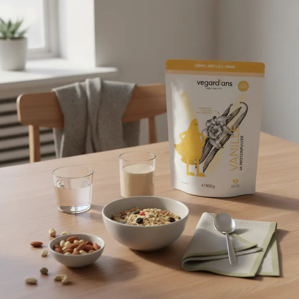 Veganes Morgenfrühstück auf nachhaltigem Holztisch mit Müsli, Nüssen, Shake und Glas Wasser im sanften Morgenlicht – Szene zum gesund zunehmen