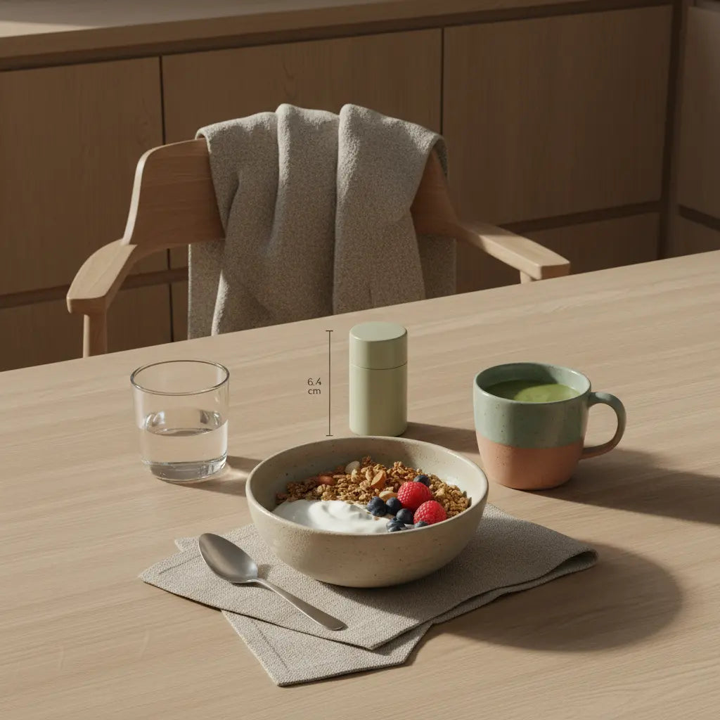 Minimalistisches Frühstück mit Granola, pflanzlichem Joghurt, Nüssen und Shake auf nachhaltigem Tisch in warmem Morgenlicht, fördert gesunde Gewichtszunahme.