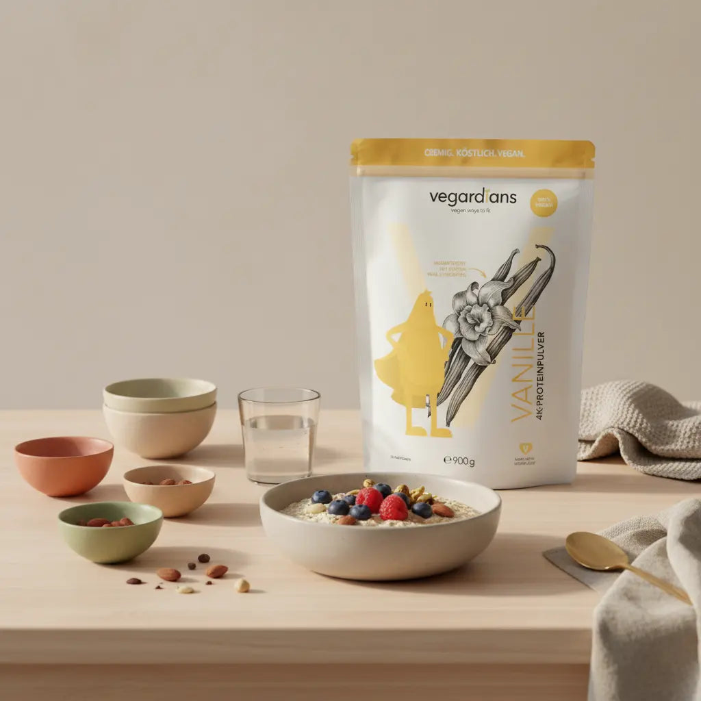 Minimalistische Frühstücksbowl in europäischer Küche im Morgenlicht, gesundes Essen zum Abnehmen mit Haferbrei, Beeren, Nüssen und Glas Wasser auf nachhaltigem Holztisch