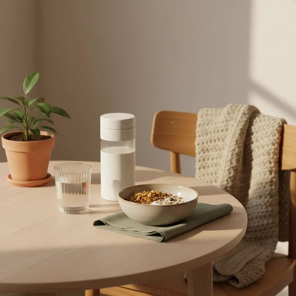 Minimalistisches Frühstück in europäischer Küche mit Hafergranola, veganem Joghurt, Nüssen, Proteinshake und gesundes gebäck in ruhiger, nährender Morgenatmosphäre.