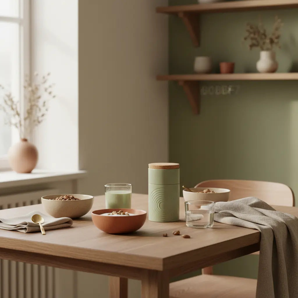 Minimalistisches Frühstück mit gesundes gebäck: Granola, Nüsse, veganer Shake und Wasserglas in einer sonnigen, nachhaltigen europäischen Küche.