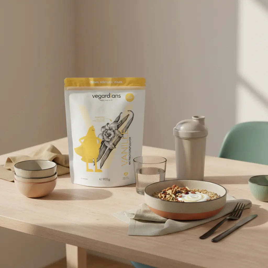 Minimalistisches veganes Frühstück auf nachhaltigem Holztisch bei Morgenlicht mit Müsli, Joghurt, Nüssen, Glas Wasser, neutralem Shake und Vegardians-Produkt – gesündeste Diät