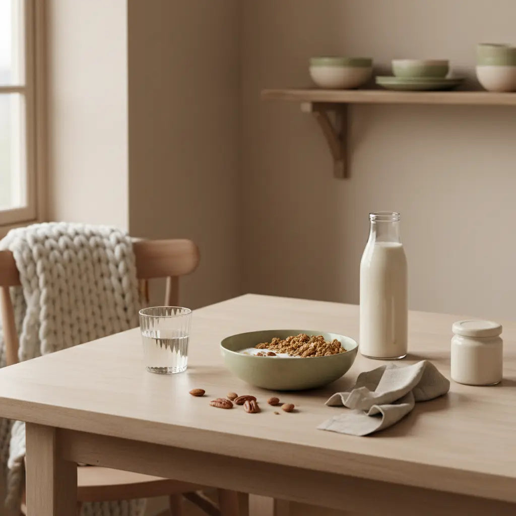 Minimalistisches Frühstück mit Granola, pflanzlichem Joghurt, Nüssen und Shake auf nachhaltigem Tisch – gesündeste lebensmittel weltweit in ruhiger Morgenatmosphäre