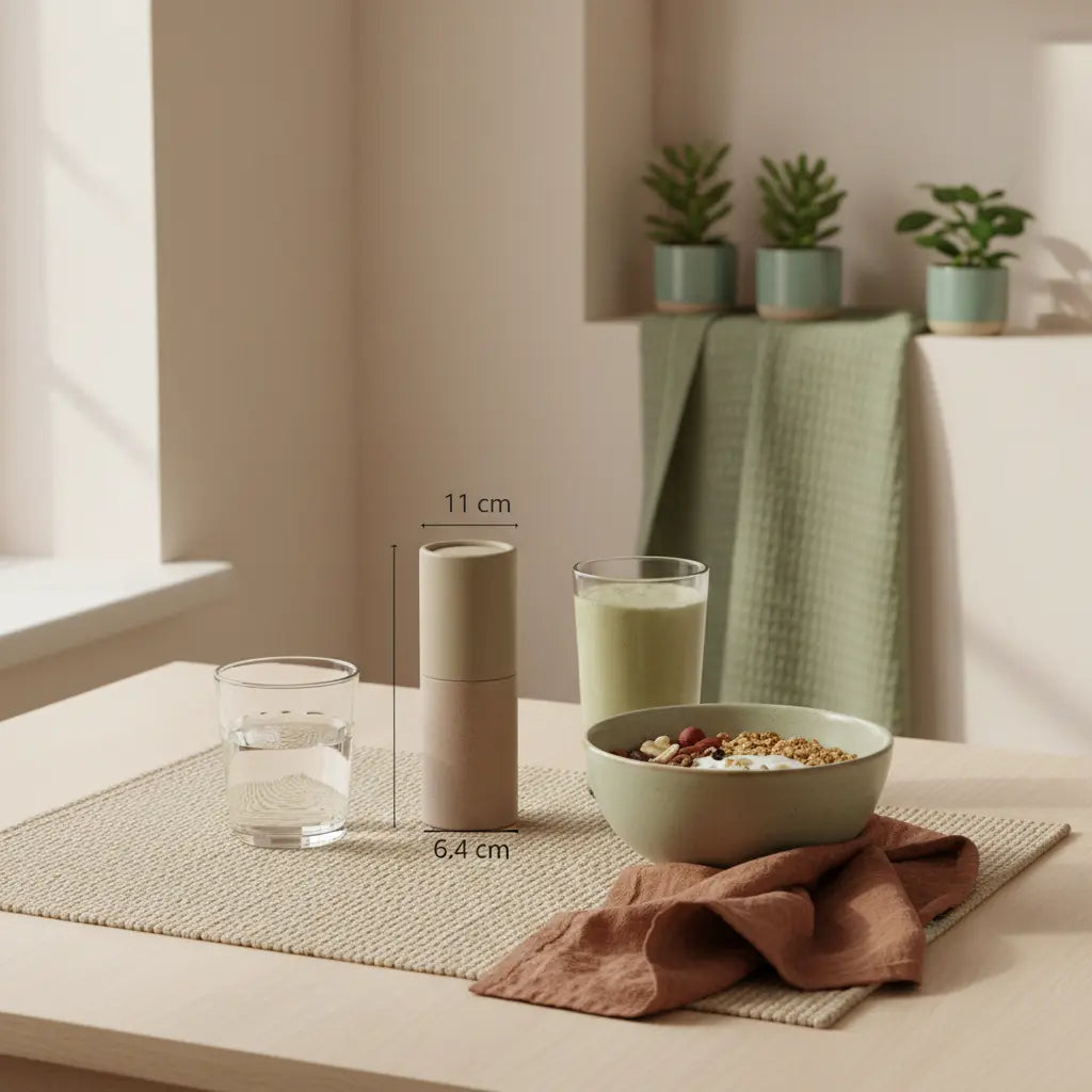 Minimalistische Frühstücksszene mit Granola, Shake, Wasserglas und dem Produkt aus Referenzfotos – gesundestes veganes Protein in einer ruhigen, erdigen Küchenszene