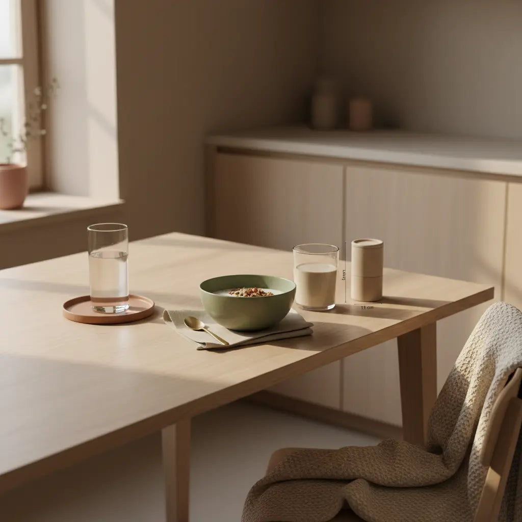 Minimalistisches Frühstück in europäischer Küche mit Glas Wasser, pflanzlichem Joghurt, Granola, Nüssen und Shake, winterliche Woll- und Leinenakzente – gesundheit klimazonen