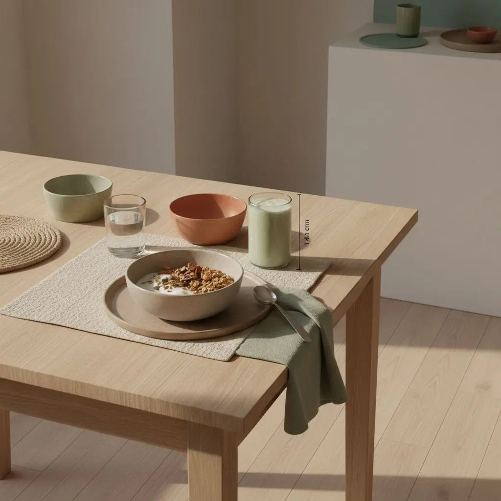 Minimalistischer Frühstückstisch mit veganem Granola, Joghurt, Nüssen, Shake und klarem Wasserglas in einer hellen, erdigen Küchenszene – Gesundheitsreform 2025