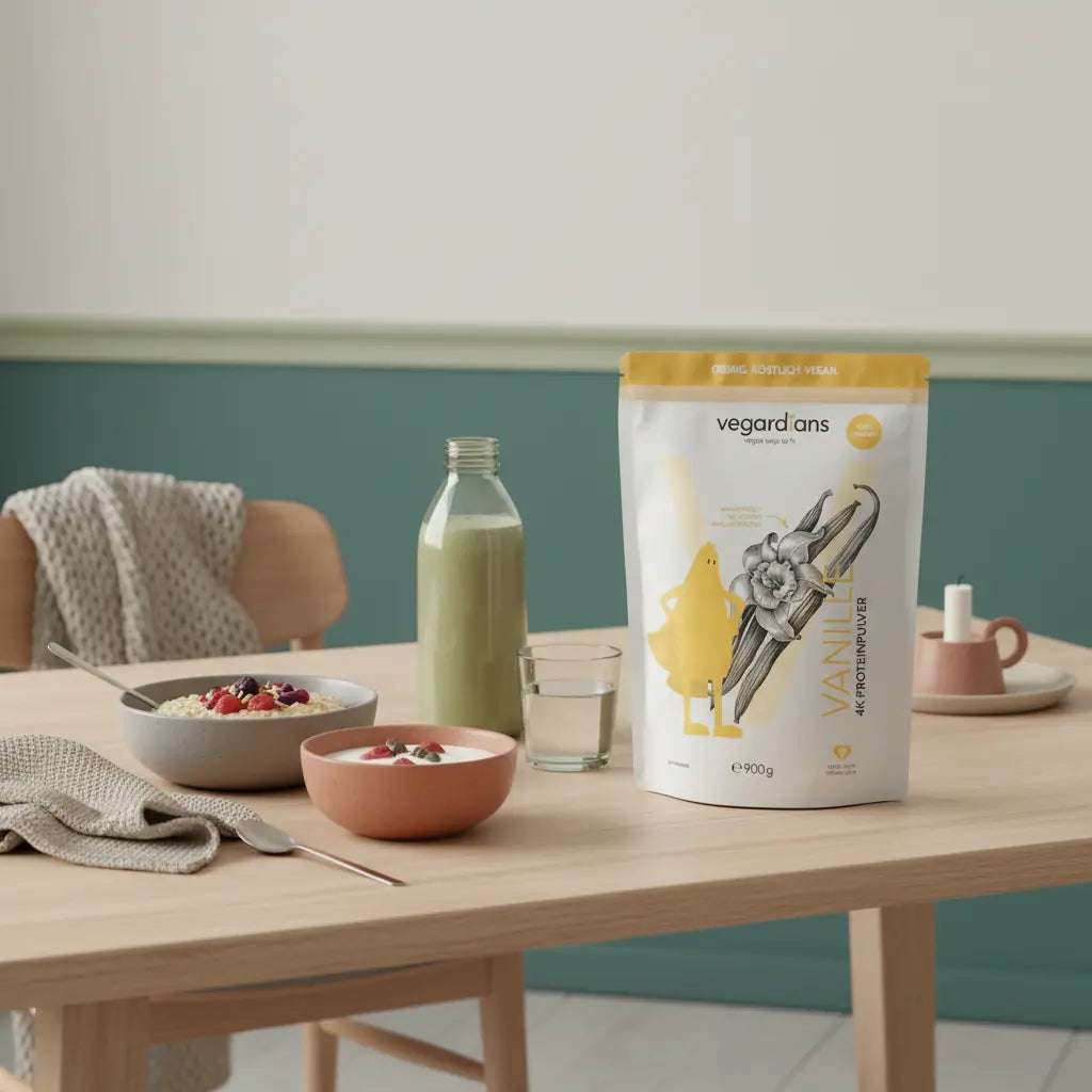 Veganes Frühstück mit Haferbrei, Joghurt-Alternative, Nüssen und Proteinshake auf nachhaltigem Holztisch in ruhigem Morgenlicht — Gewichtsabnahme bedenklich