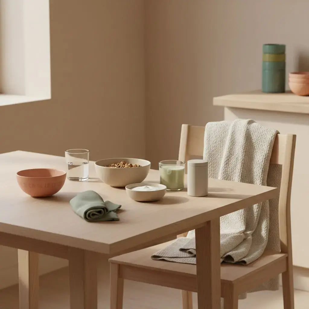 Minimalistisches veganes Frühstück auf Holztisch mit Müsli, Nüssen, pflanzlichem Joghurt, Shake und Glas Wasser im sanften Morgenlicht — Gewichtsverlust trotz Essen