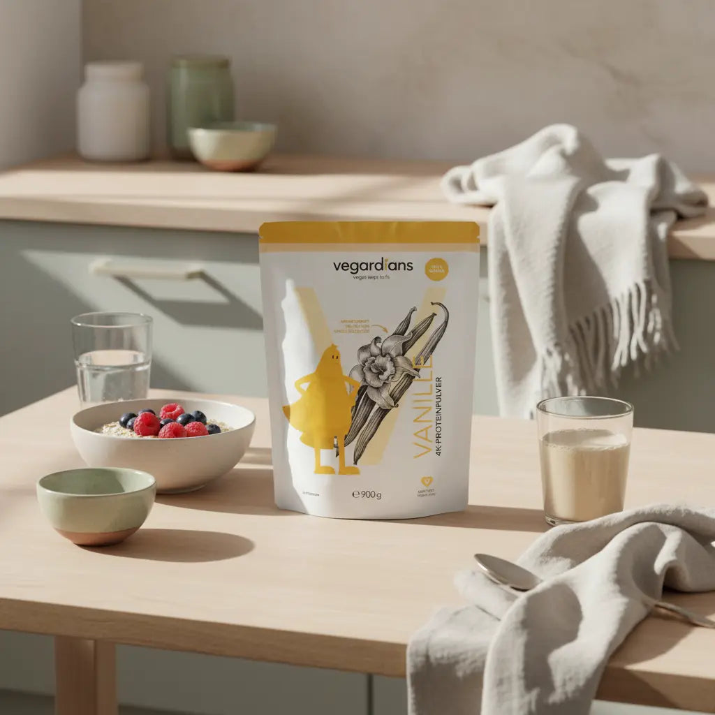 Realistische Küchenszene mit Haferbrei, Beeren, Glas Wasser und pflanzlichem Shake auf nachhaltigem Holztisch – Gewichtsverlust über 50, ruhige Beige- und Salbei-Töne.