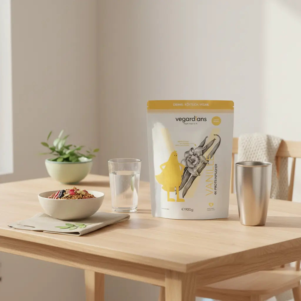 Morgenlicht in einer europäischen Küche: vegane Müslischüssel, Glas Wasser und Shake auf Holztisch – ruhige Szene zur bewussten Ernährung bei Gewichtszunahme trotz Sport