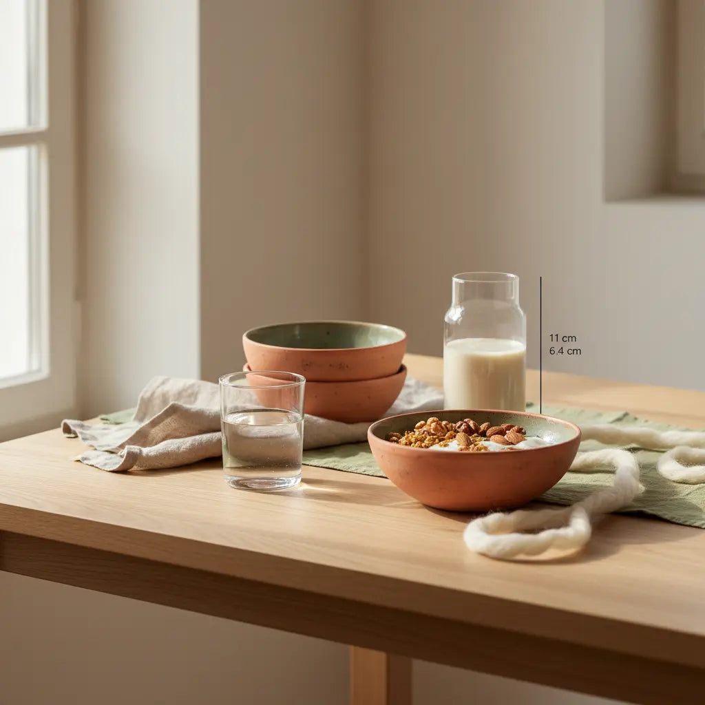 Gilt Rührei als Vollwertkost: Veganes Frühstück mit Granola, Joghurt, Nüssen und Shake auf minimalistischem Tisch in heller europäischer Küche