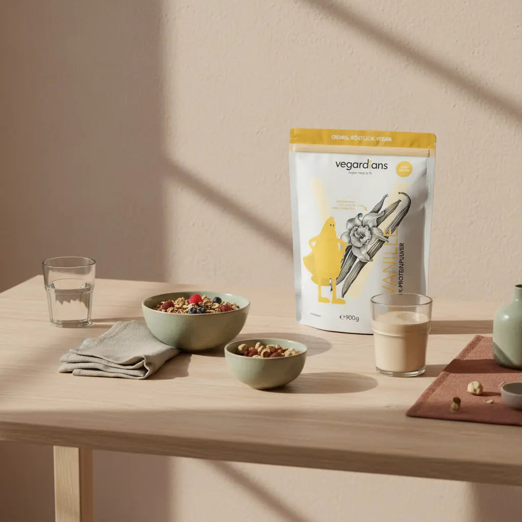 Minimalistische Morgen-Szene in einer europäischen Küche mit nachhaltigem Holztisch, pflanzlichem Müsli, Shake, Wasserglas und dem Produkt Glucomannan in ruhigen Erdtönen.