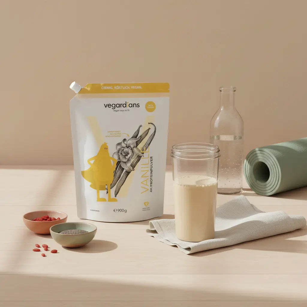 Minimalistisches Fitness-Stillleben mit geöffnetem Sportbeutel, Shaker und Dose aus den Referenzfotos, Handtuch, Wasserflasche und Yogamatte im warmen Morgenlicht — günstiges Fitnessstudio