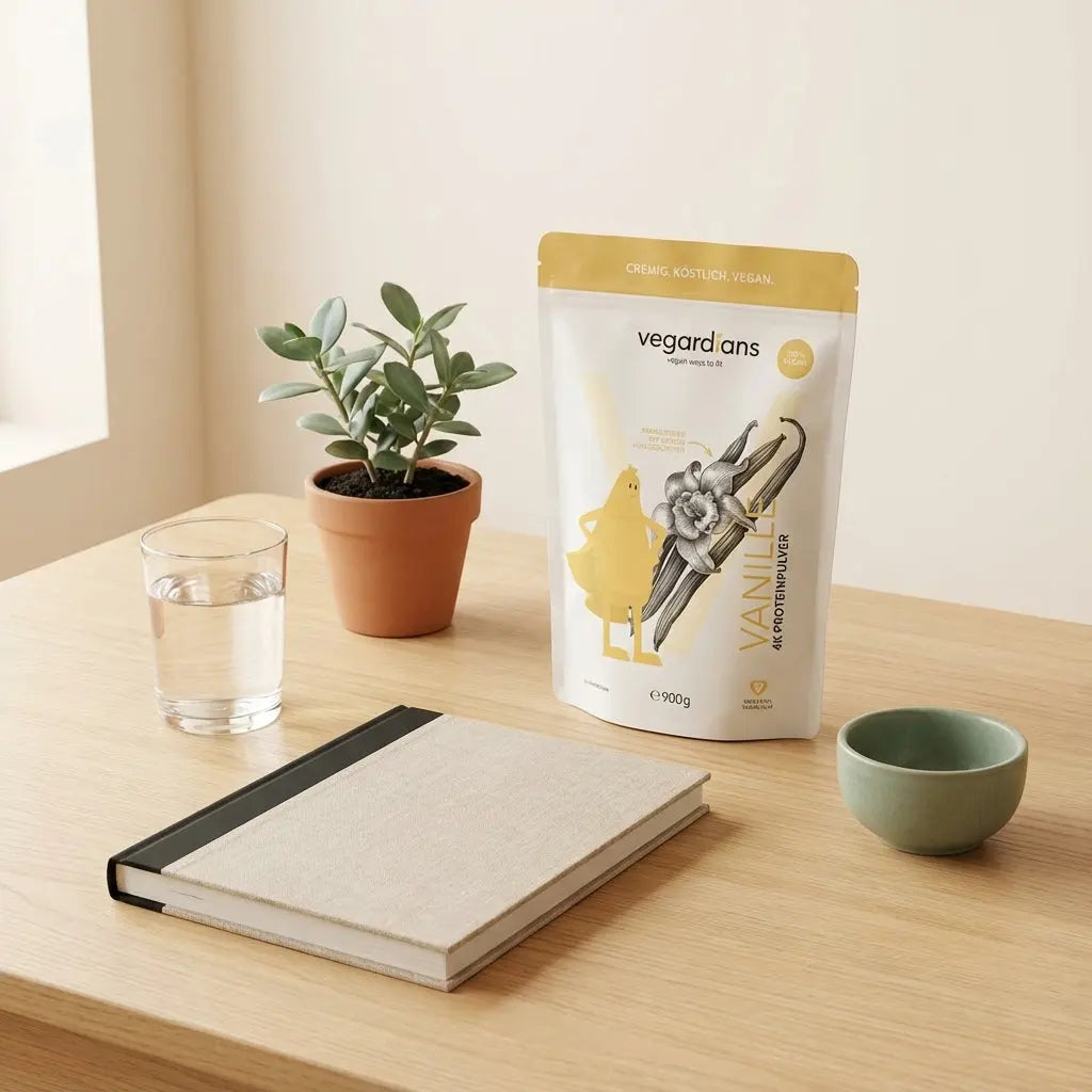 Minimalistischer Frühstückstisch mit Proteinshake, Glas Wasser, Notizbuch und Pflanze in ruhiger Vegardians-Farbwelt für Gym und Fitnessstudio.