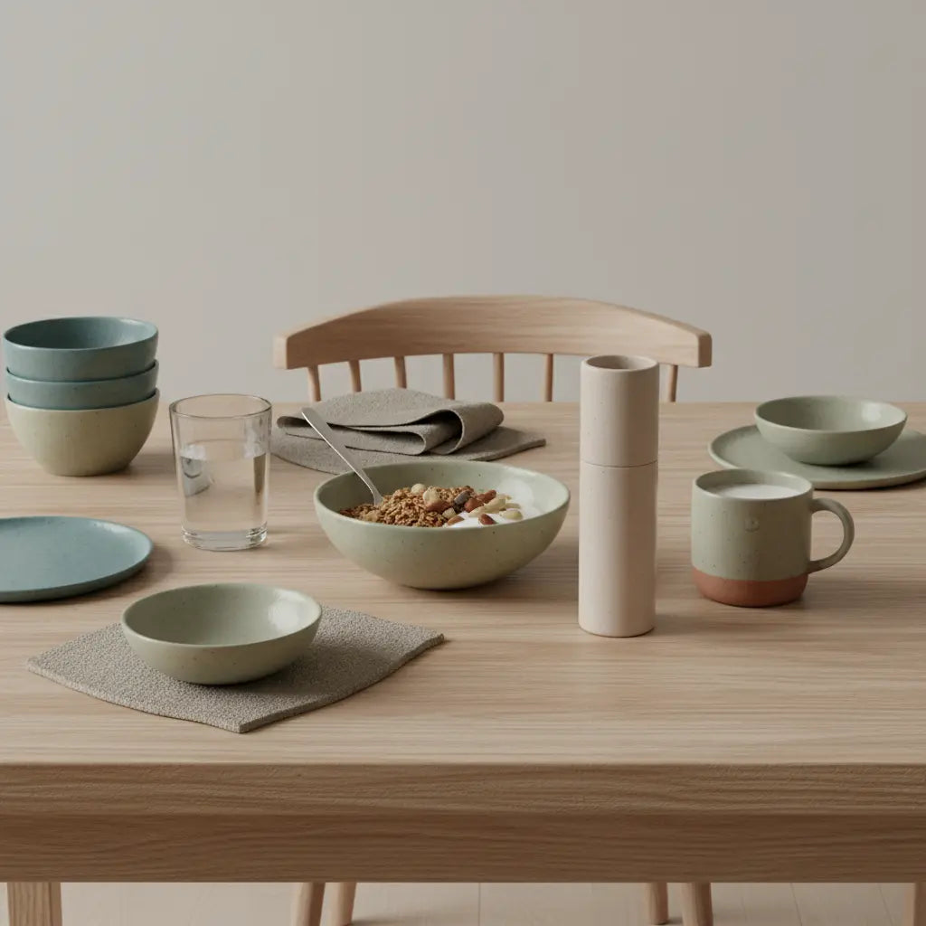 Minimalistisches Haferflocken-Frühstück in europäischer Küche: Schüssel Haferflocken‑Granola mit Pflanzenjoghurt, Nüssen und Shake in Keramik, warme erdige Töne