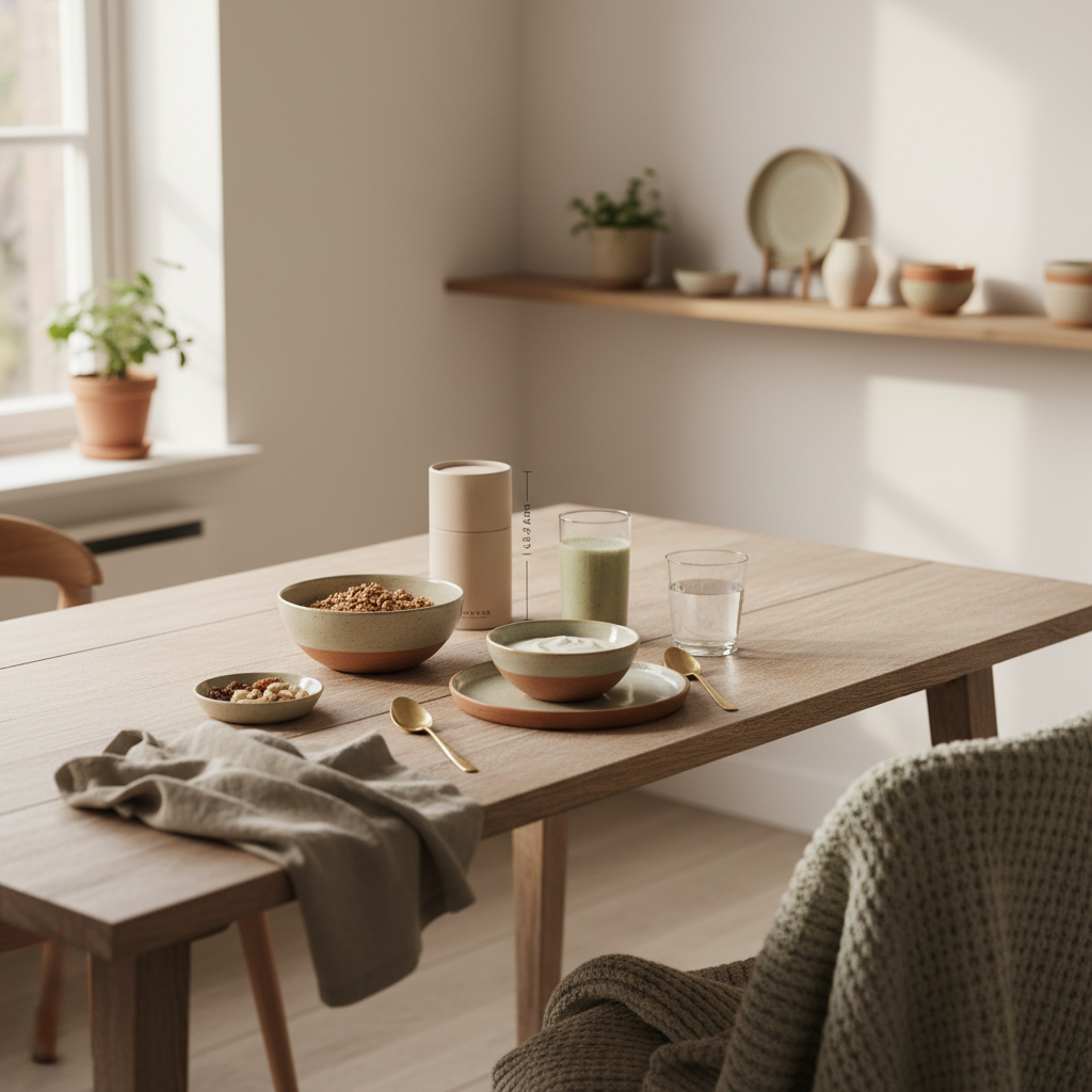 Veganer Frühstückstisch in minimalistischer europäischer Küche bei Morgenlicht mit Granola, Joghurt, Nüssen, Shake und Haferkeksen.