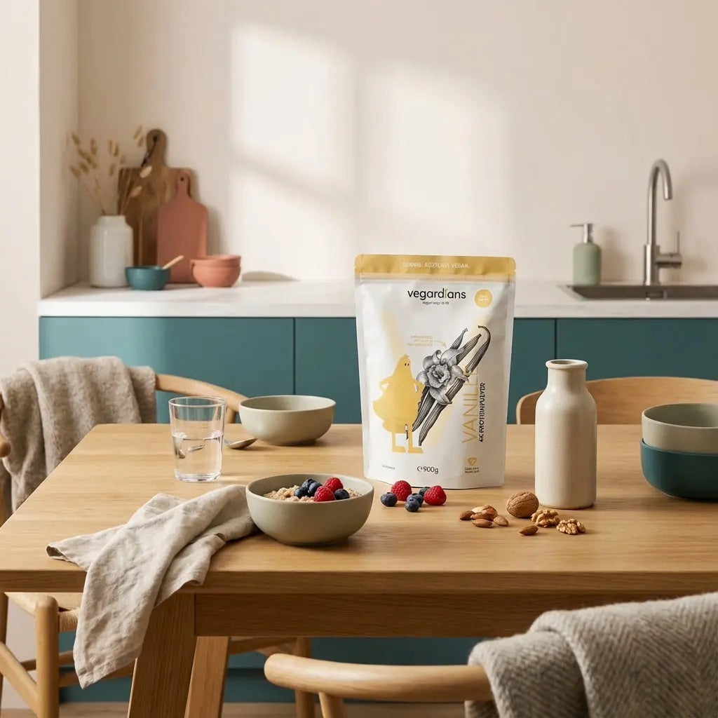 Vegane proteinreiche Frühstücksschale (Hafer, Beeren, Nüsse) und Shake auf nachhaltigem Holztisch in heller Küche mit Leinen- und Wollakzenten, ruhige Morgenstimmung, Thema: Hängebauch