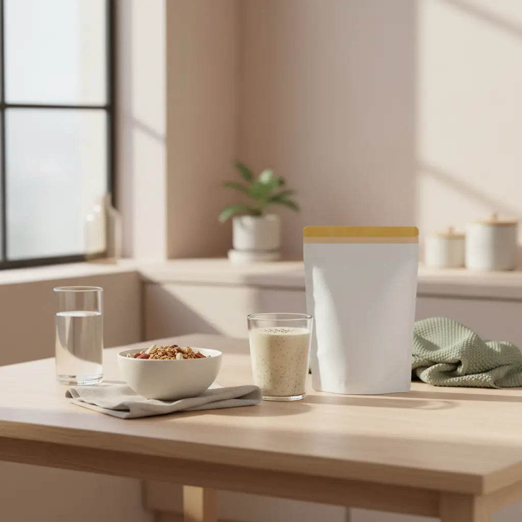 Minimalistische Frühstücksszene im Morgenlicht mit Holztisch, Glas Wasser, pflanzlichem Müsli und Vanille‑Protein‑Shake (Produkt aus Referenzfotos) – Thema hängender Bauch