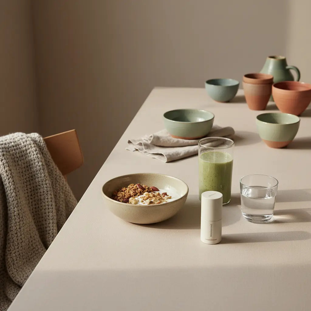 Hat Joghurt tierisches Eiweiß? Minimalistische Frühstücksszene mit pflanzlichem Joghurt, Granola, Nüssen und Shake auf nachhaltigem Tisch in beige-salbei-terrakotta Palette.