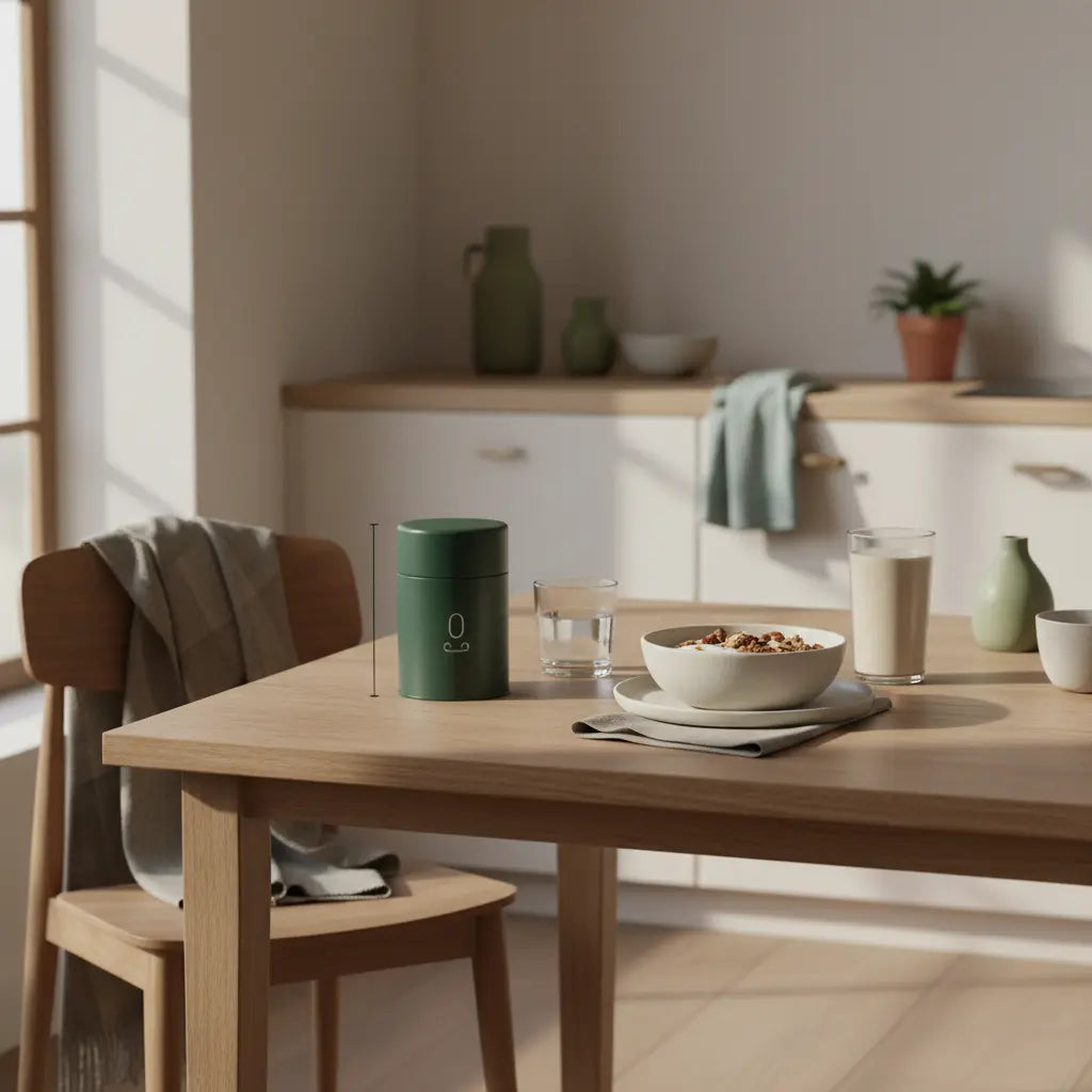 Minimalistische Frühstücksszene in europäischer Küche mit Granola, pflanzlichem Joghurt, Shake und Glas Wasser – Hausmittel abnehmen, nachhaltig und nährend.