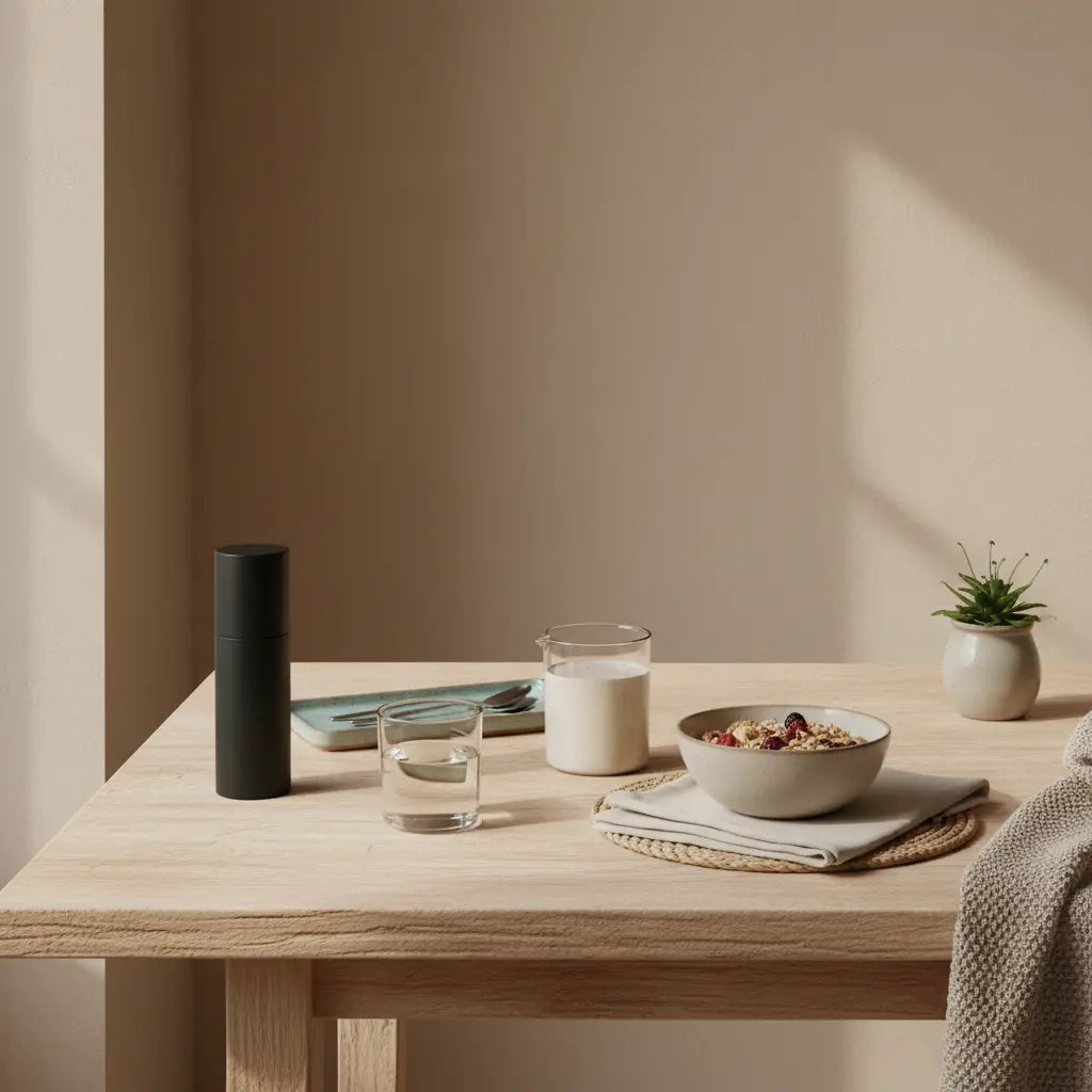 Minimalistische Morgen-Tischszene mit Müsli, Nüssen, pflanzlichem Proteinshake, Wasserglas und Produkt aus den Referenzfotos in Vegardians-Farben für HCG-Diät