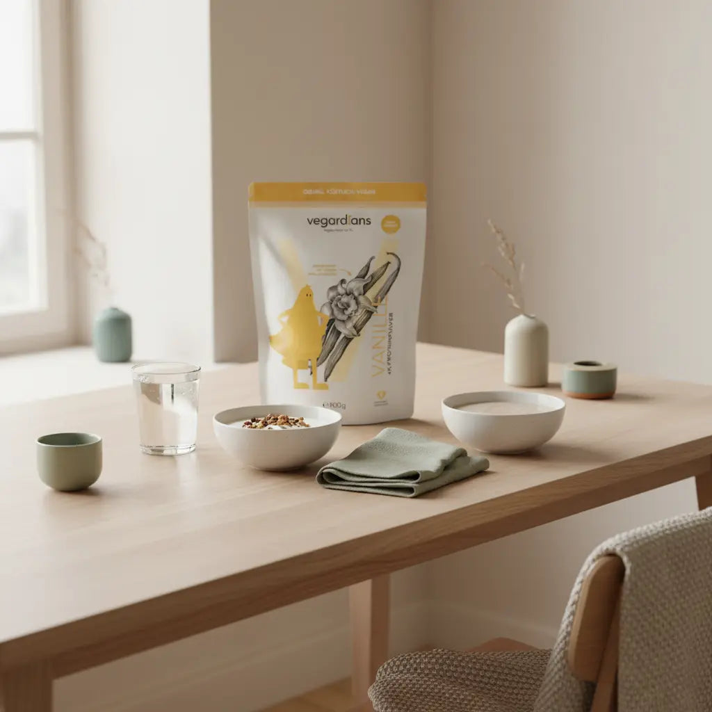 Heilfasten zu Hause: Minimalistische europäische Küchenszene mit Holztisch, Wasserglas, pflanzlichem Joghurt, Müsli, Nüssen und Vegardians‑Produkt