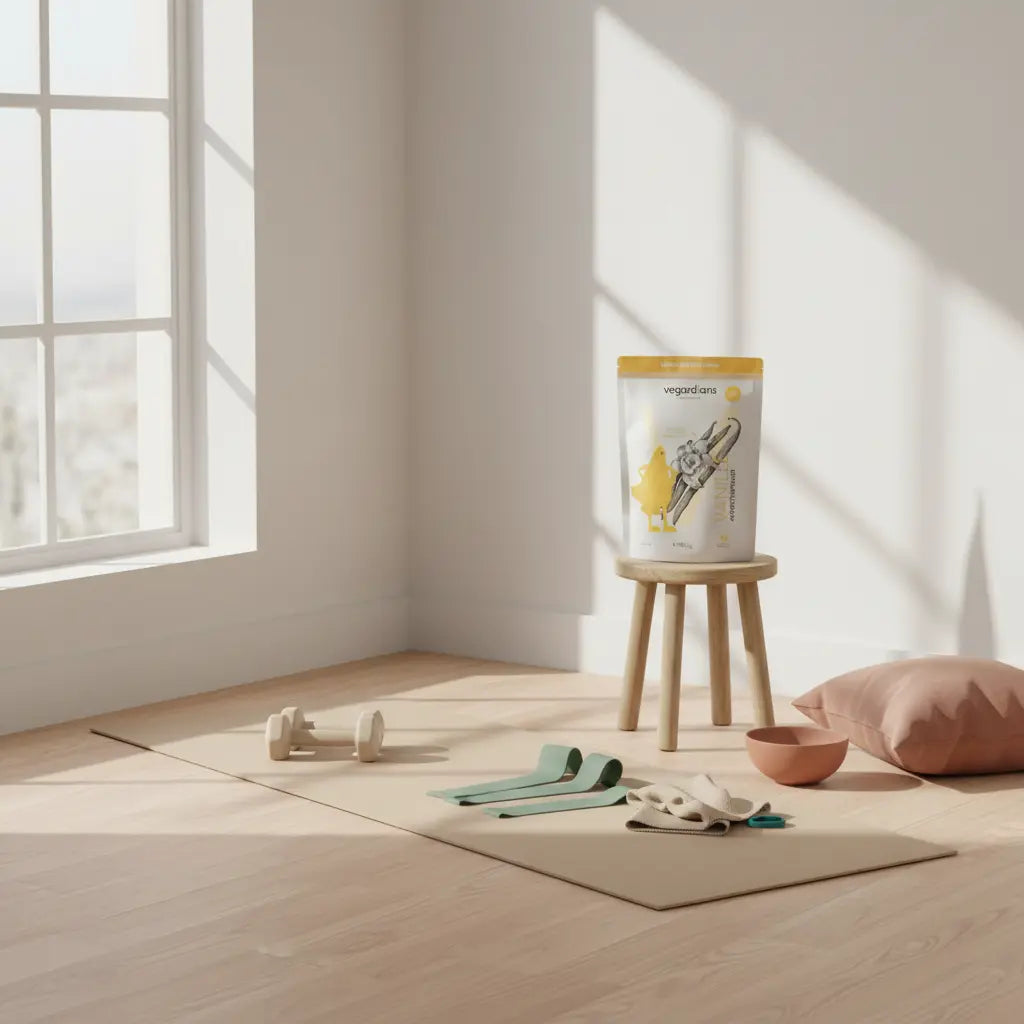 Minimalistische Heimtraining-Szene: Yogamatte, Kurzhanteln und aufgerollte Widerstandsbänder am Fenster in sanftem Morgenlicht – Heimtraining Muskeln aufbauen.