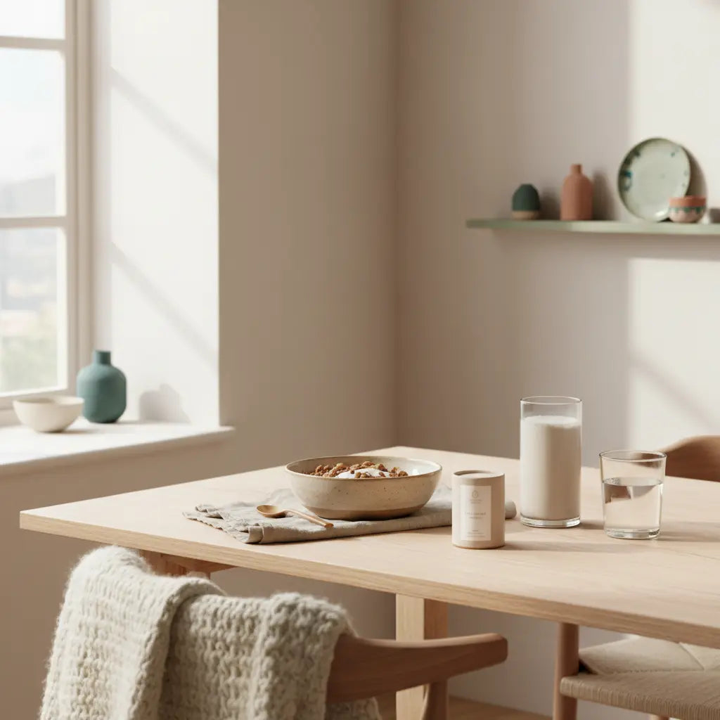 Minimalistisches Herbstfrühstück mit Granola, pflanzlichem Joghurt, Nüssen, Shake und Herbstobst auf nachhaltigem Tisch vor hellem Küchenhintergrund