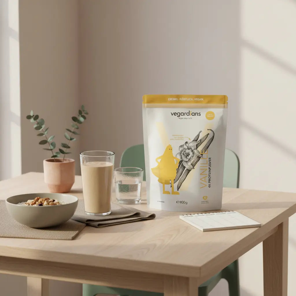 Minimalistische Fitness-Küche im Morgenlicht mit Shake-Glas, Haferflocken-Schale, Proteinbehälter und Wochenplan zur Vorbereitung auf HIIT pro Woche.