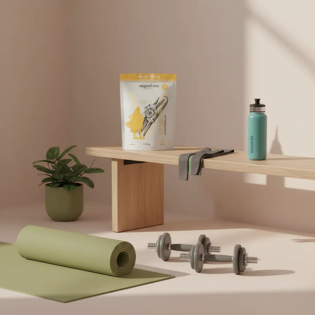 Minimalistisches Home-Gym mit Matte, Hanteln, Widerstandsbändern und Vegardians-Produkt auf Holzbank in hellem Raum — Home Gym Kosten klar visualisiert